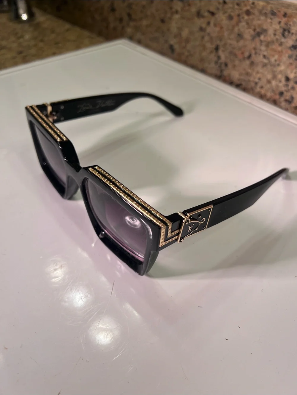 Unisex Louis Vuitton Eyeglasses Black Frame with Gold Accent Chain Detail